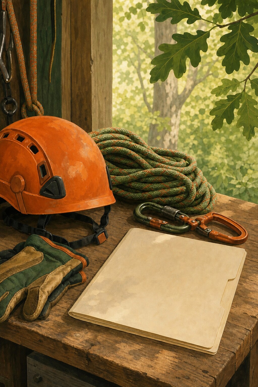 Équipement d’arboriste avec casque orange, cordages et mousquetons
